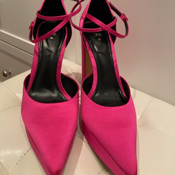 Zara Barbie pink satin platform heels. Size 38. - Picture 2 of 8